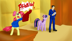 Size: 900x506 | Tagged: safe, artist:ruly-tasho, apple bloom, twilight sparkle, human, turnabout storm, g4, ace attorney, crossover, gloves, objection, phoenix wright