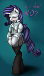 Size: 1020x1752 | Tagged: safe, artist:synad, rarity, unicorn, semi-anthro, g4, bipedal, blushing, no, pantyhose, skirt, solo, text