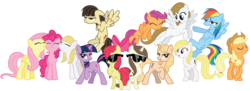 Size: 11000x4000 | Tagged: safe, artist:midnight--blitz, apple bloom, applejack, fluttershy, pinkie pie, rainbow dash, scootaloo, taralicious, twilight sparkle, wild fire, oc, earth pony, pegasus, pony, unicorn, g4, andrea libman, apple bloom's bow, applejack's hat, ashleigh ball, bipedal, bow, buzzing wings, cowboy hat, crossed arms, eyes closed, female, filly, flying, grin, hair bow, hat, madeleine peters, mare, michelle creber, ponified, puffy cheeks, raised hoof, scootaloo can fly, self ponidox, sibsy, simple background, smiling, sunglasses, tara strong, transparent background, unamused, unicorn twilight, vector, voice actor, wild fire is not amused, wings, wip