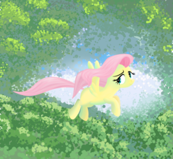 Size: 1280x1175 | Tagged: safe, artist:tgolyi, fluttershy, pegasus, pony, g4, abstract background, female, flying, looking at you, looking sideways, mare, smiling, solo, spread wings, windswept mane, wings