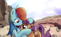 Size: 1147x697 | Tagged: safe, artist:gsphere, rainbow dash, scootaloo, pegasus, pony, g4, comforting, crying, cute, cutealoo, dashabetes, duo, duo female, female, filly, hug, mare, petting, scootalove