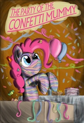 Size: 1307x1907 | Tagged: safe, artist:otakuap, pinkie pie, earth pony, pony, g4, cake, candy, confetti, costume, female, food, mummy, solo