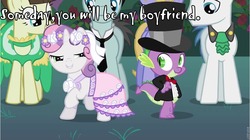 Size: 962x540 | Tagged: safe, spike, sweetie belle, g4, bedroom eyes, female, image macro, male, ship:spikebelle, shipping, straight