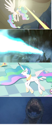 Size: 556x1328 | Tagged: safe, edit, screencap, princess celestia, alicorn, kaiju, pony, a canterlot wedding, g4, atomic breath, comic, crossover, fight, godzilla, godzilla (series), godzilla final wars, magic