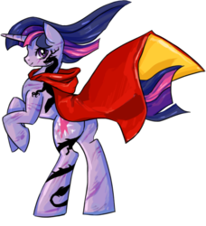 Size: 1488x1633 | Tagged: safe, artist:bigbuxart, twilight sparkle, pony, g4, badass, cape, clothes, female, rearing, scar, smiling, solo, tattoo, windswept mane