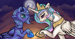 Size: 1091x569 | Tagged: safe, artist:php154, princess celestia, princess luna, g4, horn, horns are touching, s1 luna, sisters