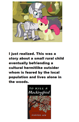 Size: 637x992 | Tagged: safe, apple bloom, zecora, zebra, g4, spoiler:book, book, conspiracy, meta, realization, to kill a mockingbird