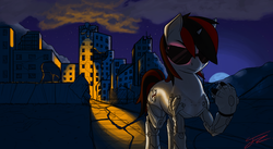 Size: 2442x1342 | Tagged: safe, artist:toasterrepairunit, oc, oc only, oc:blackjack, cyborg, pony, unicorn, fallout equestria, fallout equestria: project horizons, amputee, cybernetic legs, fanfic, fanfic art, female, female oc, glowing, glowing eyes, hooves, horn, level 1 (project horizons), mare, mare oc, moon, night, prosthetic leg, prosthetic limb, prosthetics, raised hoof, ruins, small horn, solo, sunglasses, unicorn oc, wasteland