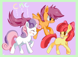 Size: 1516x1102 | Tagged: dead source, safe, artist:sunomii, apple bloom, scootaloo, sweetie belle, earth pony, pegasus, pony, unicorn, g4, adorabloom, cute, cutealoo, cutie mark crusaders, diasweetes, female, filly