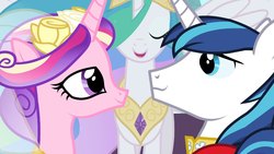 Size: 960x540 | Tagged: safe, screencap, princess cadance, princess celestia, shining armor, alicorn, pony, unicorn, g4, female, male, mare, ship:shiningcadance, shipping, stallion, straight