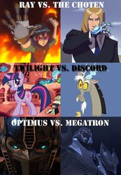 Size: 600x869 | Tagged: safe, discord, twilight sparkle, g4, kaijudo rise of the duel masters, megatron, optimus prime, palindrome get, ray okamoto, transformers