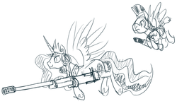 Size: 1280x766 | Tagged: safe, artist:derkrazykraut, princess celestia, g4, bfg, gun, monochrome, royal guard