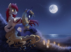 Size: 1188x865 | Tagged: dead source, safe, artist:ruhje, oc, oc only, pegasus, pony, unicorn, candle, female, male, mare, moon, night, ocean, outdoors, scenery, stallion, stargazing
