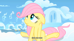 Size: 640x355 | Tagged: safe, screencap, fluttershy, g4, cloud, cloudsdale, filly, sad, youtube caption