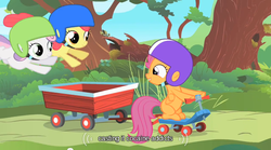 Size: 640x355 | Tagged: safe, edit, edited screencap, screencap, apple bloom, scootaloo, sweetie belle, pegasus, pony, g4, caption, cocaine, drugs, female, filly, foal, text, youtube caption