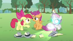 Size: 993x559 | Tagged: safe, edit, edited screencap, screencap, apple bloom, featherweight, scootaloo, sweetie belle, g4, ponyville confidential, cutie mark crusaders, glowing eyes, hat