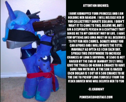 Size: 746x600 | Tagged: artist needed, safe, princess luna, alicorn, pony, g4, abuse, ballgag, blindfold, bound, gag, gun, hostage, irl, lunabuse, op is a duck, op is trying to start shit, photo, plushie, text