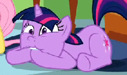 Size: 320x189 | Tagged: safe, screencap, twilight sparkle, pony, unicorn, g4, green isn't your color, season 1, animated, cropped, derp, faic, female, hoof in mouth, solo focus, underhoof, unicorn twilight