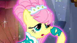 Size: 427x240 | Tagged: safe, screencap, fluttershy, pony, g4, green isn't your color, season 1, alternate hairstyle, animated, body control, female, hoof shoes, magic, magic aura, majestic as fuck, modelshy, nose picking, solo, sparkles