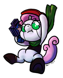 Size: 365x454 | Tagged: safe, artist:zicygomar, sweetie belle, pony, robot, robot pony, unicorn, g4, cave story, female, filly, foal, hooves, horn, quote (cave story), simple background, solo, sweetie bot, weapon, white background