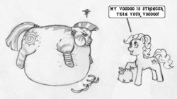 Size: 1439x809 | Tagged: safe, artist:siegfriednox, pinkie pie, zecora, earth pony, pony, zebra, g4, belly, belly bed, female, impossibly large belly, inflation, mare, monochrome, puffy cheeks, sketch, unamused, voodoo doll, voodoo inflation
