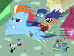 Size: 2184x1664 | Tagged: safe, artist:abigail m., rainbow dash, oc, g4, blossom (fetch!), chet, chowder, crossover, dib membrane, fetch! with ruff ruffman, florentine, glen, invader zim, non-mlp oc, pubert, ruff ruffman, the buzz on maggie, wonderbolts uniform