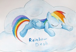 Size: 3754x2576 | Tagged: safe, artist:0okami-0ni, rainbow dash, pegasus, pony, g4, cloud, female, lying on a cloud, mare, sleeping, solo, traditional art, watercolor painting