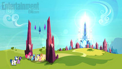 Size: 510x287 | Tagged: safe, applejack, fluttershy, pinkie pie, rainbow dash, rarity, shining armor, twilight sparkle, g4, season 3, the crystal empire, crystal empire, mane six