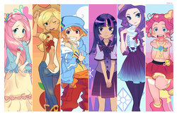 Size: 1000x652 | Tagged: safe, artist:joodlez, applejack, fluttershy, pinkie pie, rainbow dash, rarity, twilight sparkle, human, g4, clothes, dress, hat, hoodie, humanized, jeans, line-up, mane six, poster, skirt