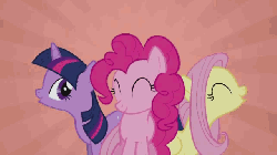 Size: 640x360 | Tagged: safe, screencap, fluttershy, pinkie pie, twilight sparkle, earth pony, pegasus, pony, unicorn, g4, party of one, abstract background, animated, cute, dancing, diapinkes, female, mare, shyabetes, trio, twiabetes