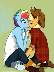 Size: 1536x2048 | Tagged: safe, artist:nolycs, applejack, rainbow dash, anthro, g4, blushing, clothes, female, half r63 shipping, jeans, kissing, male, pants, plaid shirt, rainbow blitz, rule 63, ship:appleblitz, ship:appledash, shipping, shorts, sneakers, straight, transparent wings, vest