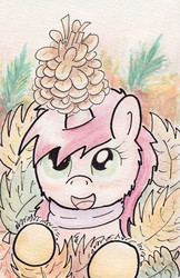Size: 734x1136 | Tagged: safe, artist:slightlyshade, ruby pinch, pony, g4, autumn, clothes, leaves, pinecone, scarf, solo, traditional art
