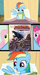 Size: 324x602 | Tagged: safe, fluttershy, pinkie pie, rainbow dash, kaiju, g4, godzilla, godzilla (series), godzilla the half century war, meme, reading rainbow