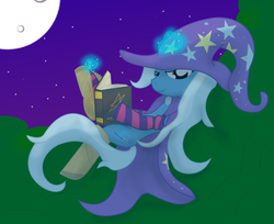 Size: 1280x1046 | Tagged: safe, artist:dazed-and-wandering, trixie, pony, unicorn, ask stalker trixie, g4, book, clothes, moon, night, socks, solo, striped socks