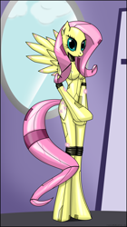 Size: 1832x3272 | Tagged: safe, artist:rosvo, part of a set, fluttershy, robot, anthro, unguligrade anthro, g4, arm hooves, bodysuit, breasts, busty fluttershy, commission, female, flutterbot, skinny, solo, thin