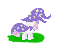 Size: 500x386 | Tagged: safe, artist:dazed-and-wandering, sweetie belle, pony, unicorn, g4, ^^, cape, clothes, eyes closed, female, filly, foal, hat, simple background, solo, the great and powerful, transparent background, trixie's cape, trixie's hat