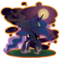 Size: 3450x3300 | Tagged: safe, artist:14dreamer, princess luna, alicorn, pony, g4, ethereal mane, female, frame, moon, outline, raised hoof, solo, starry night, stars