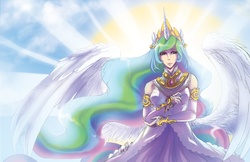 Size: 1224x792 | Tagged: safe, artist:spoonfulofcats, princess celestia, human, g4, eared humanization, female, horn, horned humanization, humanized, solo, sun, winged humanization