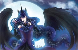 Size: 1224x792 | Tagged: safe, artist:spoonfulofcats, nightmare moon, human, g4, clothes, eared humanization, female, fingerless gloves, gloves, horn, horned humanization, humanized, moon, solo, winged humanization