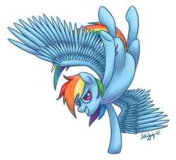 Size: 800x727 | Tagged: dead source, safe, artist:fallenzephyr, rainbow dash, pegasus, pony, g4, female, grin, handstand, looking at you, mare, signature, simple background, smiling, solo, spread wings, transparent background, upside down, wings