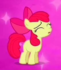 Size: 213x243 | Tagged: safe, screencap, apple bloom, earth pony, pony, g4, hearts and hooves day (episode), season 2, cropped, eyes closed, female, filly, foal, frown, red hair, red mane, red tail, solo, tail, yellow body, yellow coat, yellow fur, yellow pony