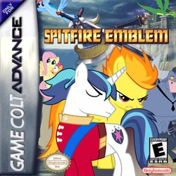 Size: 850x850 | Tagged: safe, artist:nickyv917, fluttershy, iron will, rainbow dash, scootaloo, shining armor, spitfire, pegasus, pony, unicorn, g4, box art, cover, crossover, female, fire emblem, game boy, game boy advance, game cover, male, mare, nintendo, parody, stallion, video game
