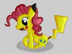 Size: 1024x768 | Tagged: safe, artist:peach-the-mouse, pinkie pie, pikachu, g4, crossover, female, parody, pokémon, solo