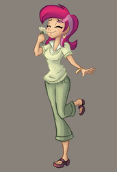 Size: 542x792 | Tagged: dead source, safe, artist:ric-m, roseluck, human, g4, cute, ear piercing, earring, eyes closed, feet, female, flower, gray background, humanized, jewelry, piercing, rosabetes, sandals, simple background, smiling, solo, toes