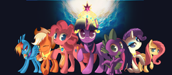 Size: 4636x2016 | Tagged: safe, artist:zelc-face, applejack, fluttershy, pinkie pie, rainbow dash, rarity, spike, twilight sparkle, g4, applejack's hat, cowboy hat, element of generosity, element of honesty, element of kindness, element of laughter, element of loyalty, element of magic, elements of harmony, hat, mane seven, mane six