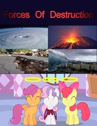 Size: 500x643 | Tagged: safe, apple bloom, scootaloo, sweetie belle, g4, cutie mark crusaders, earthquake, halo, hurricane, sweet little angels, tidal wave, tsunami, volcano