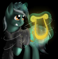 Size: 4510x4590 | Tagged: safe, artist:aesaindustries, lyra heartstrings, pony, fanfic:background pony, g4, absurd resolution, clothes, female, hoodie, lyre, musical instrument, ponies wearing black, solo