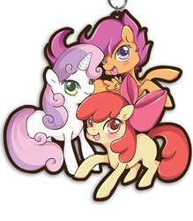 Size: 350x400 | Tagged: safe, artist:tastypeach, apple bloom, scootaloo, sweetie belle, earth pony, pegasus, pony, unicorn, g4, bow, charm, cutie mark crusaders, female, filly, hair bow, looking at you, trio