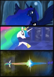 Size: 638x900 | Tagged: safe, artist:atomicwarpin, princess celestia, princess luna, g4, fight, magic blast