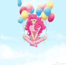 Size: 2504x2468 | Tagged: source needed, useless source url, safe, artist:seismopac, pinkie pie, human, g4, balloon, humanized, leg warmers, solo, then watch her balloons lift her up to the sky